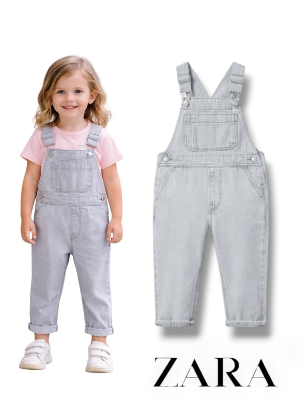 ZARA Kids Gray Long Denim Overalls NWT Size 12-18M or 3T